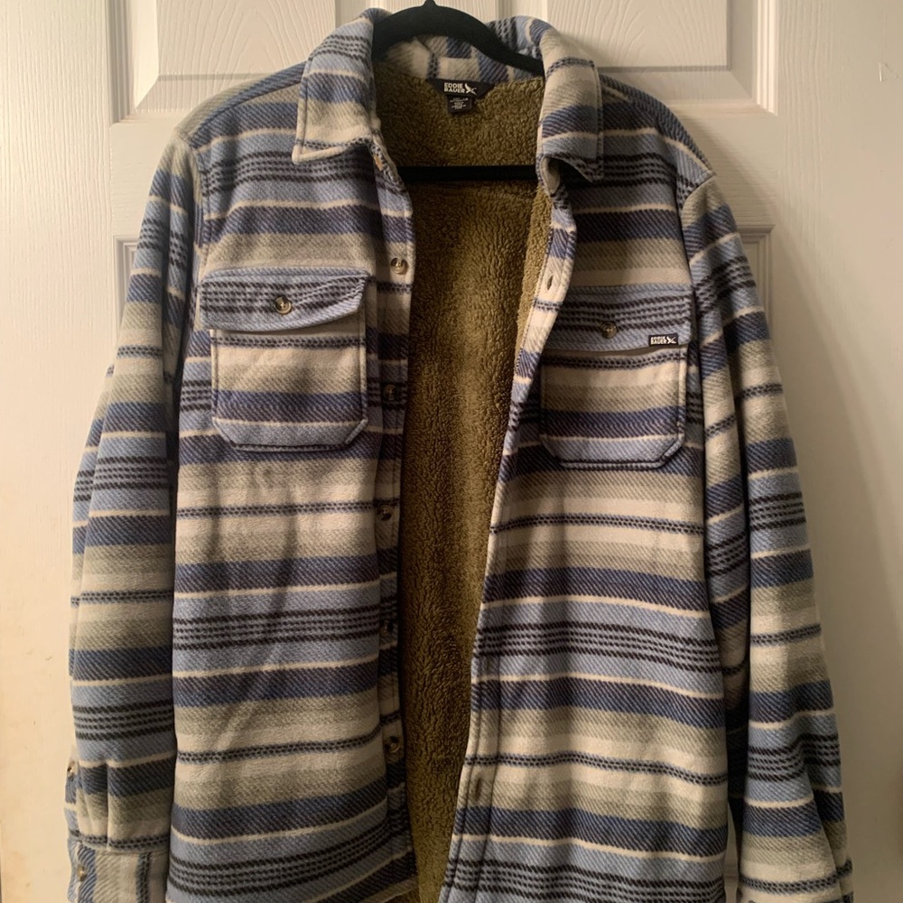 Eddie Bauer Men's Striped Blue and Gray Shirt Jacket